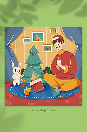 漫画风男孩和圣诞树许愿人物插画