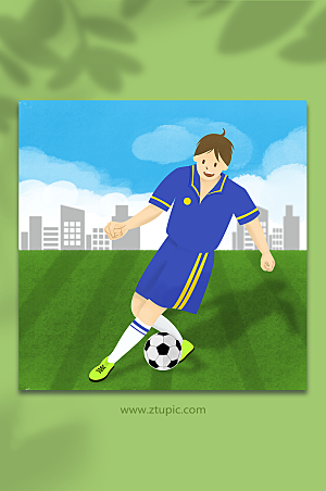 蓝绿草地上踢足球运动人物插画