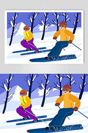 简约冬季双人滑雪运动人物插画