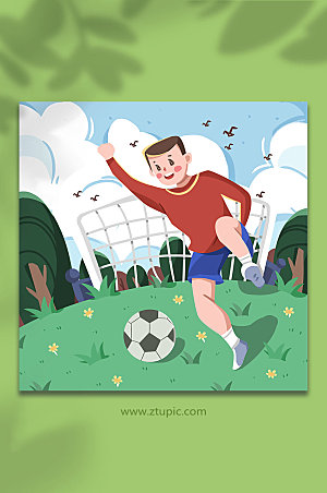 卡通绿色草坪足球场踢足球的男生
