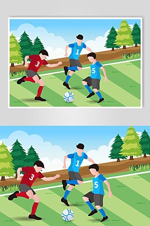 绿色手绘儿童踢足球比赛人物插画