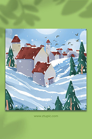 浪漫手绘风冬天下雪红屋顶雪景