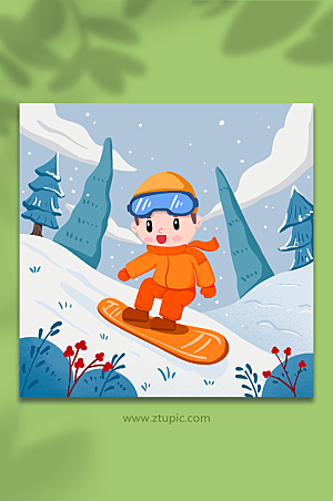 唯美男孩冬季雪山滑雪人物插画