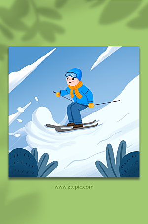蓝白男孩在野外滑雪速降比赛插画