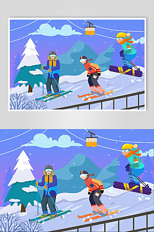 蓝白雪地冬季滑雪运动人物插画