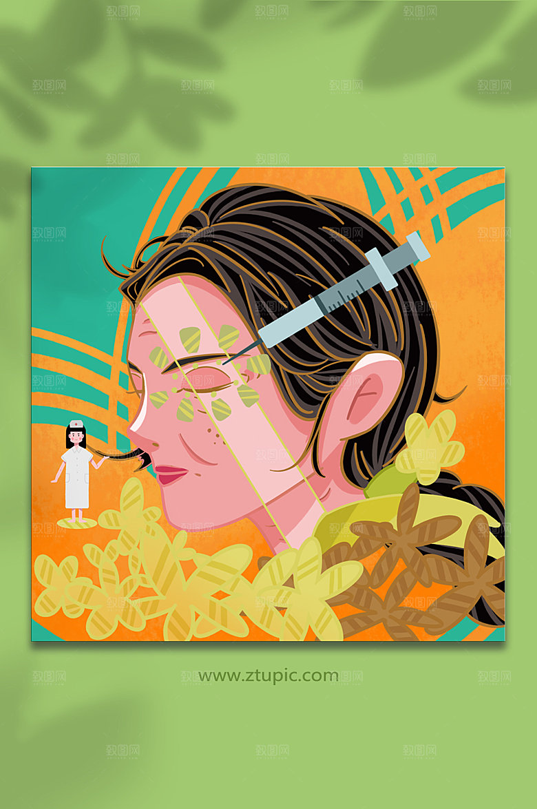 美丽女孩打瘦脸针美容微整插画