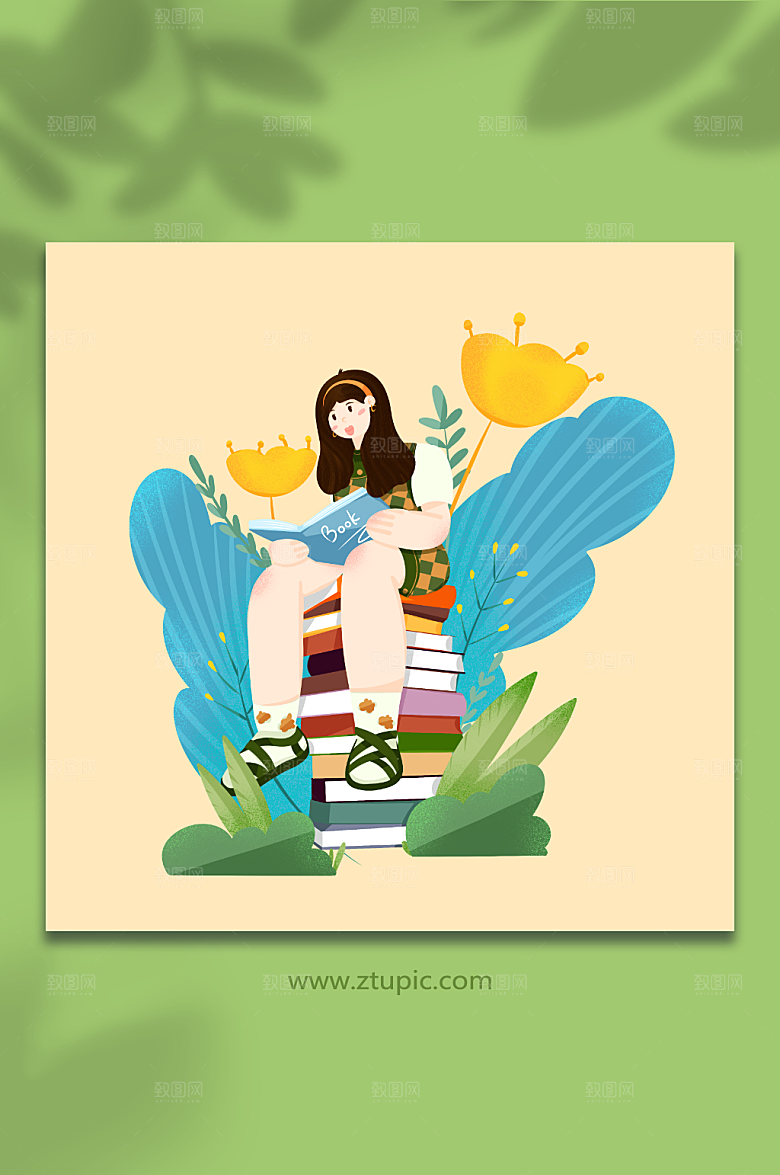 大气女生阅读读书日人物插画