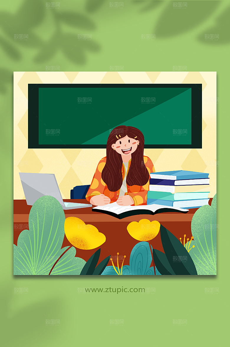 清新女生课室学习讲课人物插画