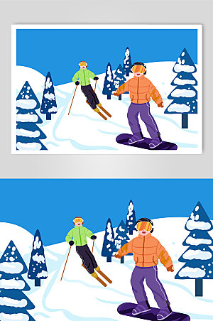 欢乐朋友相约冬季滑雪人物插画