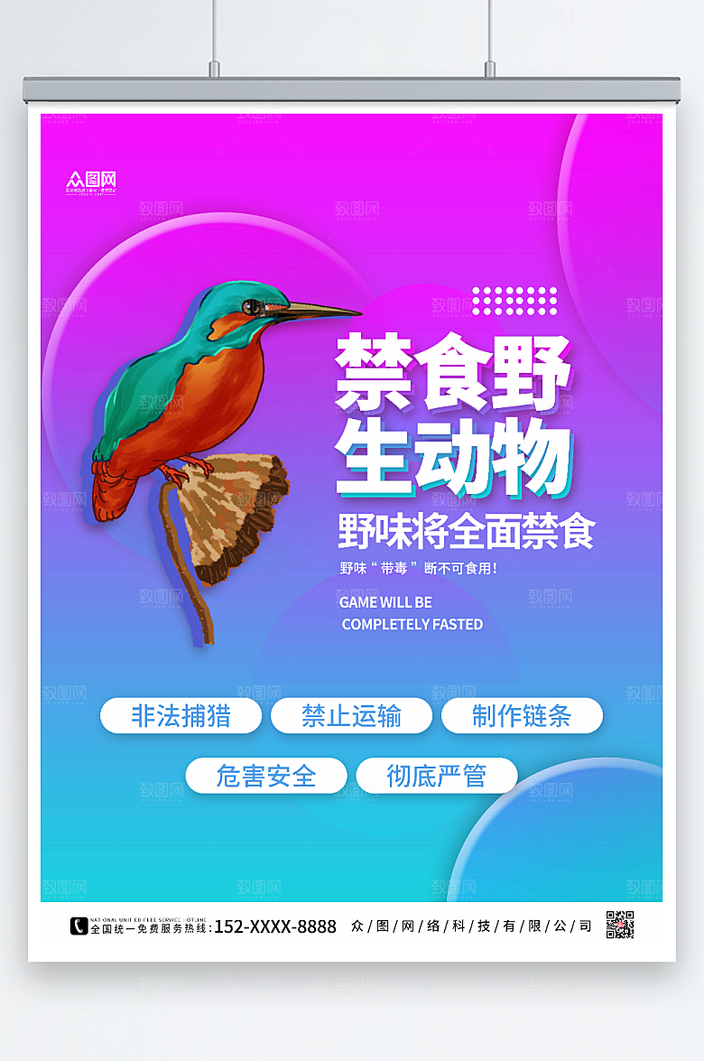 蓝紫禁止食用野生动物提示海报