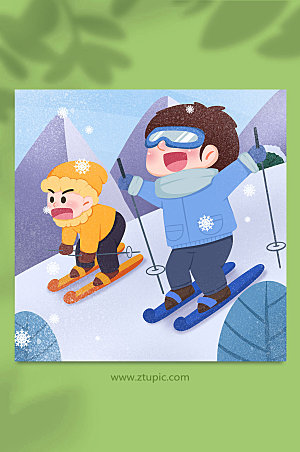 简洁冬季滑雪欢乐人物插画
