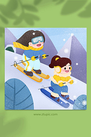 唯美双人冬季滑雪可爱人物插画