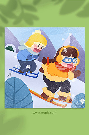 欢乐手绘冬季滑雪男女人物插画
