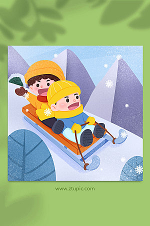 高兴二人雪橇冬季滑雪卡通人物插画