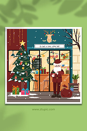 商场卡通圣诞老人咖啡厅宣传插画