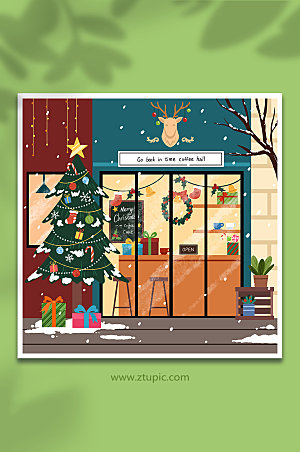 大气圣诞咖啡厅卡通插画背景图