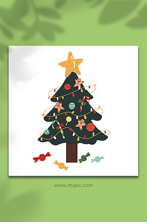 简洁卡通圣诞树灯带糖果元素插画