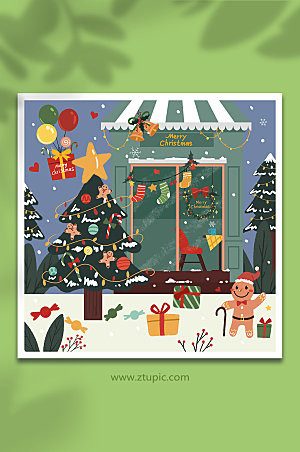 清新手绘圣诞节橱窗插画背景图