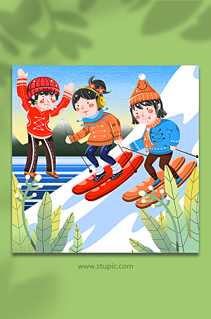 童趣冬季滑雪比赛人物插画