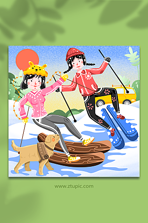 时尚卡通冬季滑雪运动人物插画