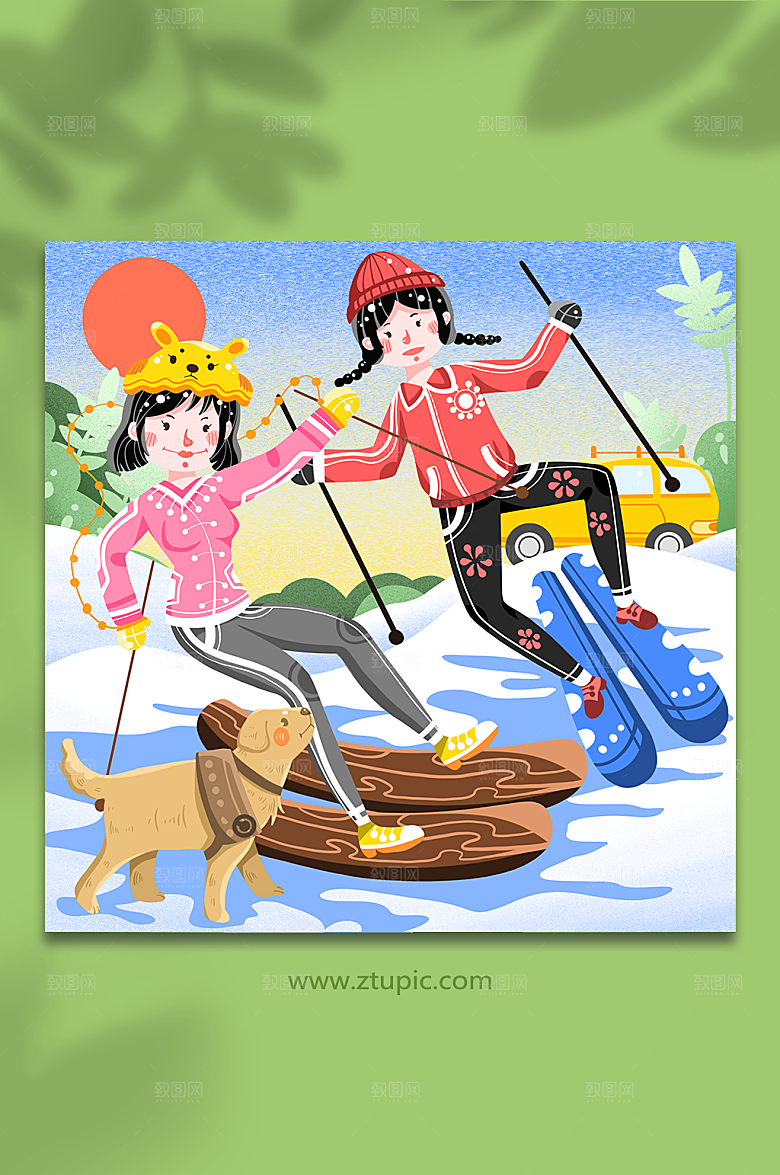 时尚卡通冬季滑雪运动人物插画