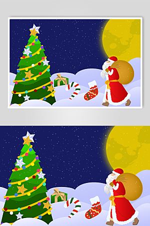 星空圣诞树和圣诞老人人物插画