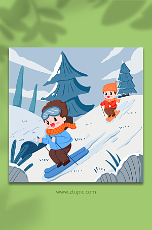 唯美冬季山上滑雪人物素材插画
