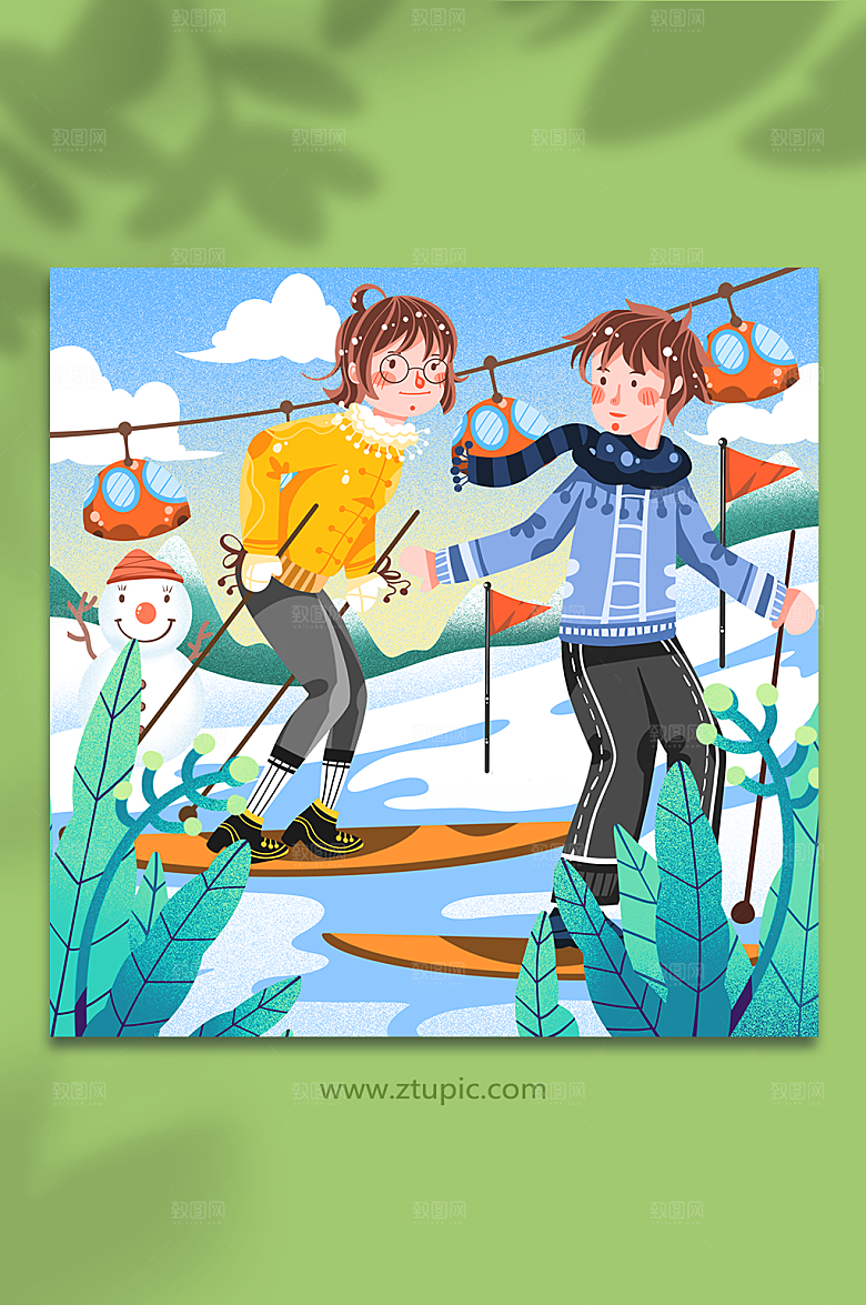 唯美卡通冬季滑雪情侣人物插画