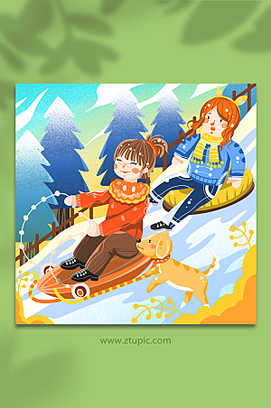 快乐冬季滑雪男女孩小狗插画