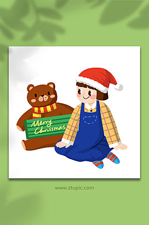 微笑圣诞节女孩与熊人物插画