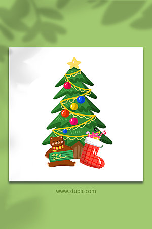 绿色圣诞节圣诞树礼物插画