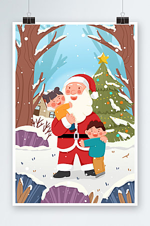 插画冬季圣诞老人抱小孩插画