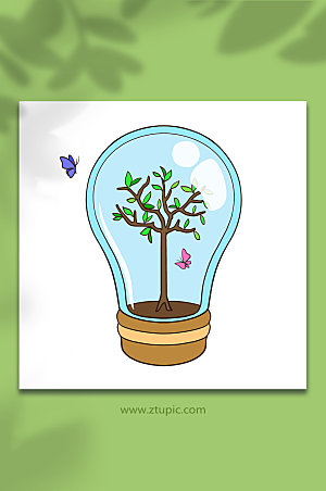 绿色环保蝴蝶小树灯泡元素插画