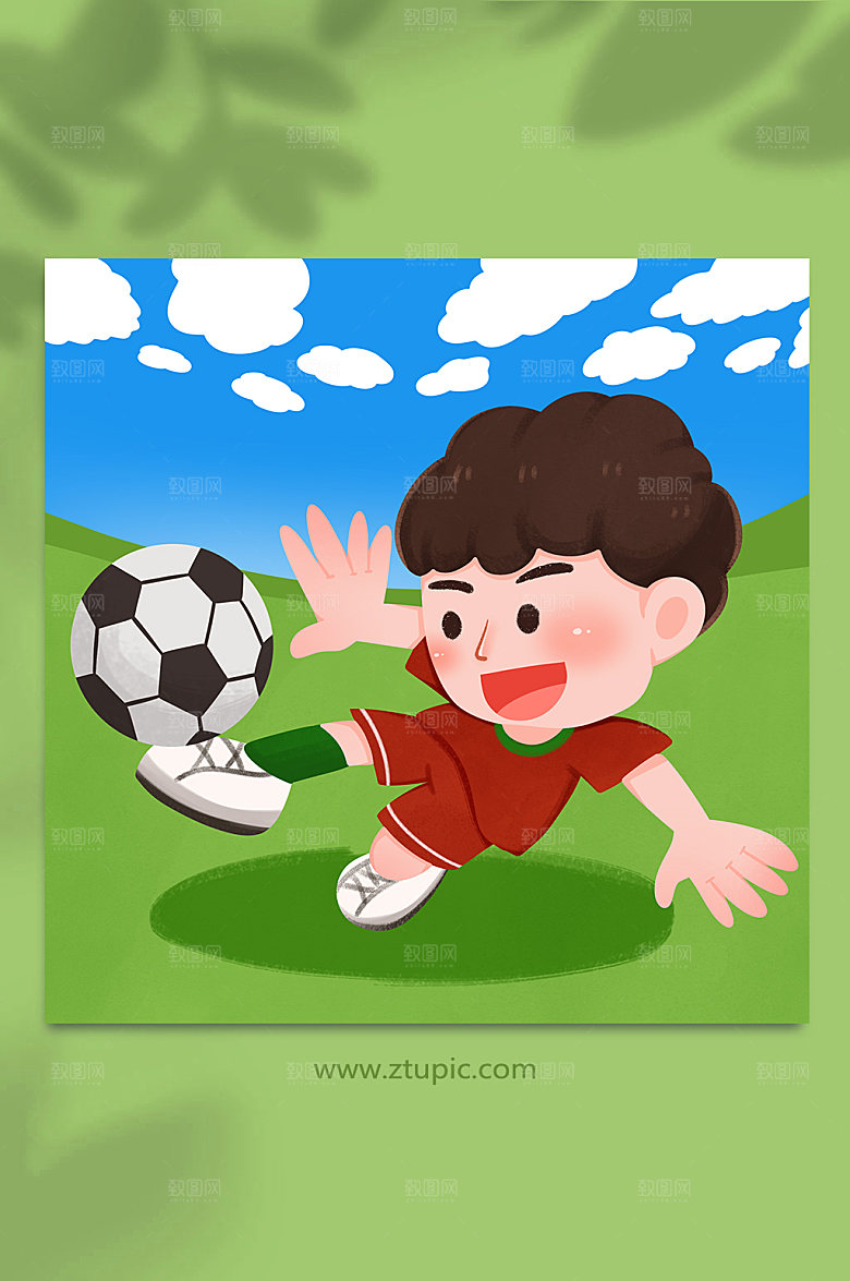 蓝天草地侧踢足球男足插画