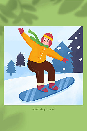 室外快乐冬季滑雪单板人物插画