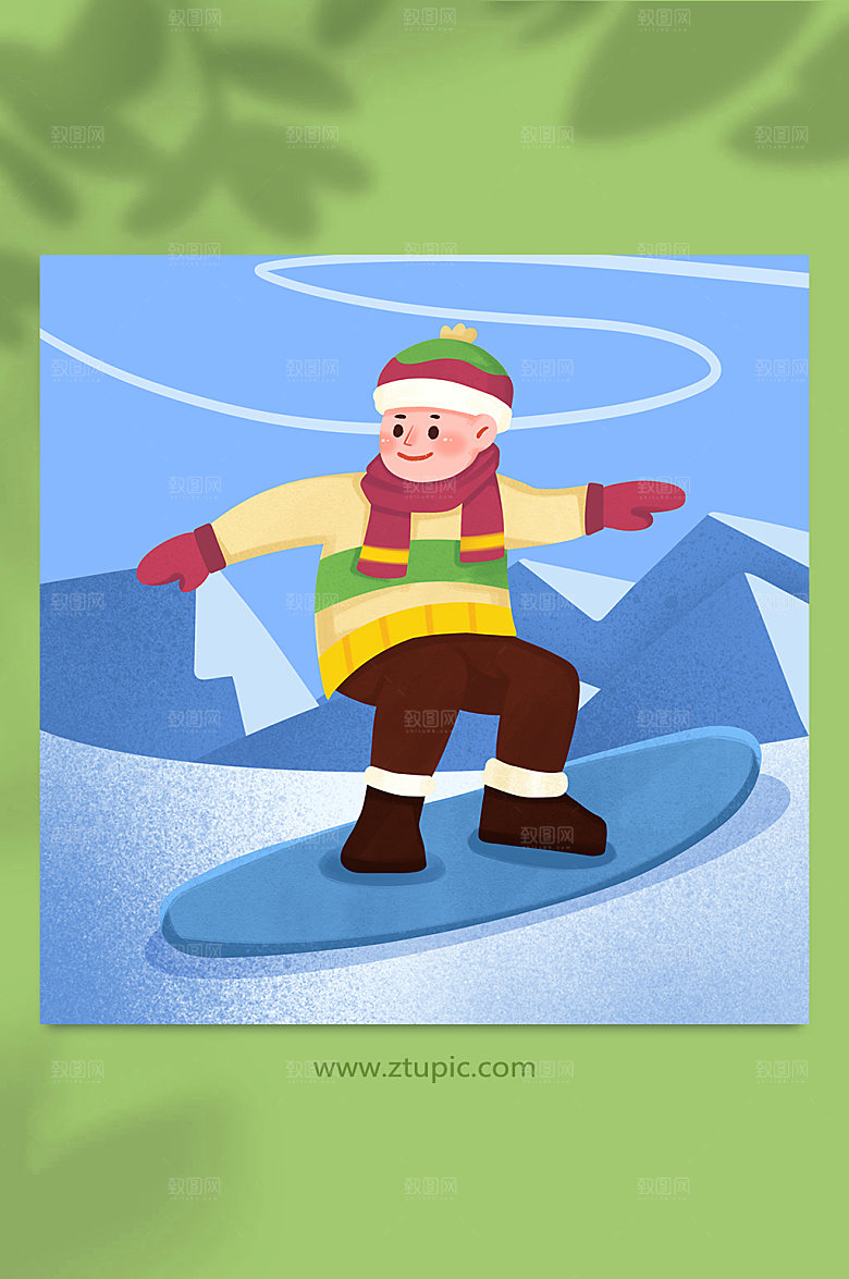蓝色冬季单板滑雪男孩人物插画