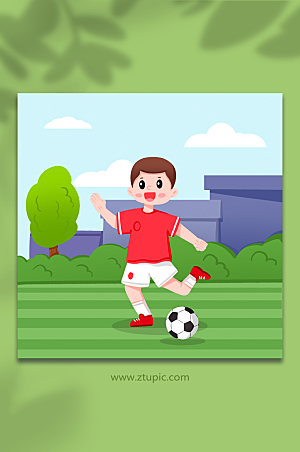 可爱男孩踢足球射门卡通插画