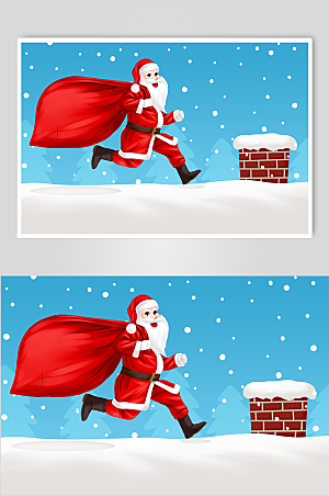 蓝色雪地奔跑的圣诞老人人物插画