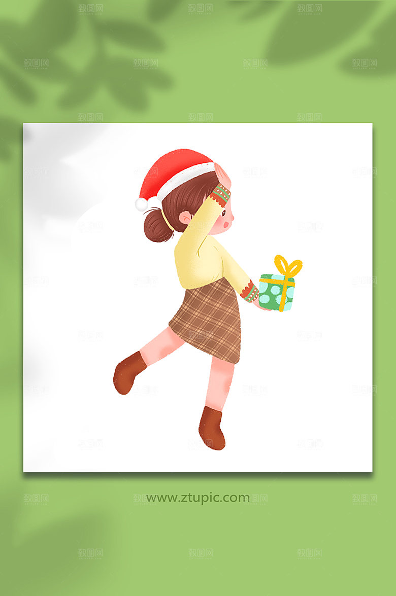 圣诞节妈妈拿礼物插画免抠元素