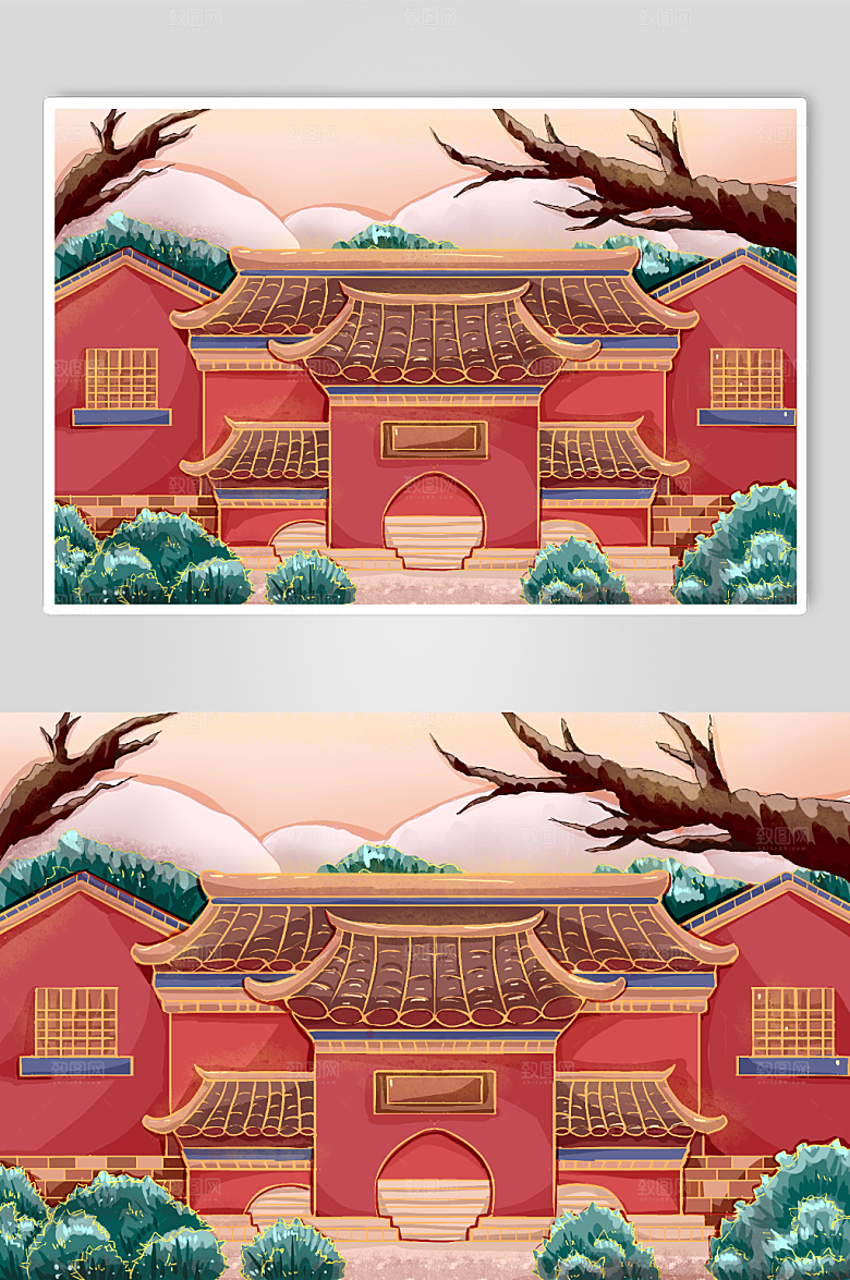 古建筑海口城市地标建筑宣传插画