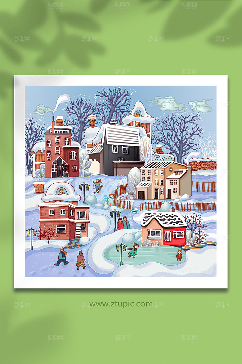 唯美寒冷风光城市雪景场景插画