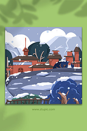 卡通矢量下雪天城市雪景插画设计
