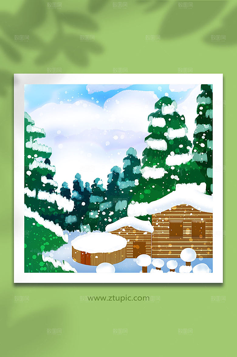 雪白深林城市村落雪景精美插画
