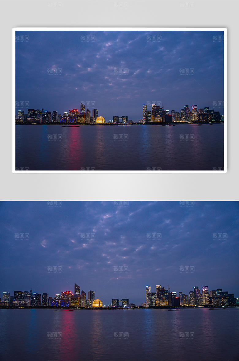 蔚蓝杭州钱江新城夜景精美摄影图