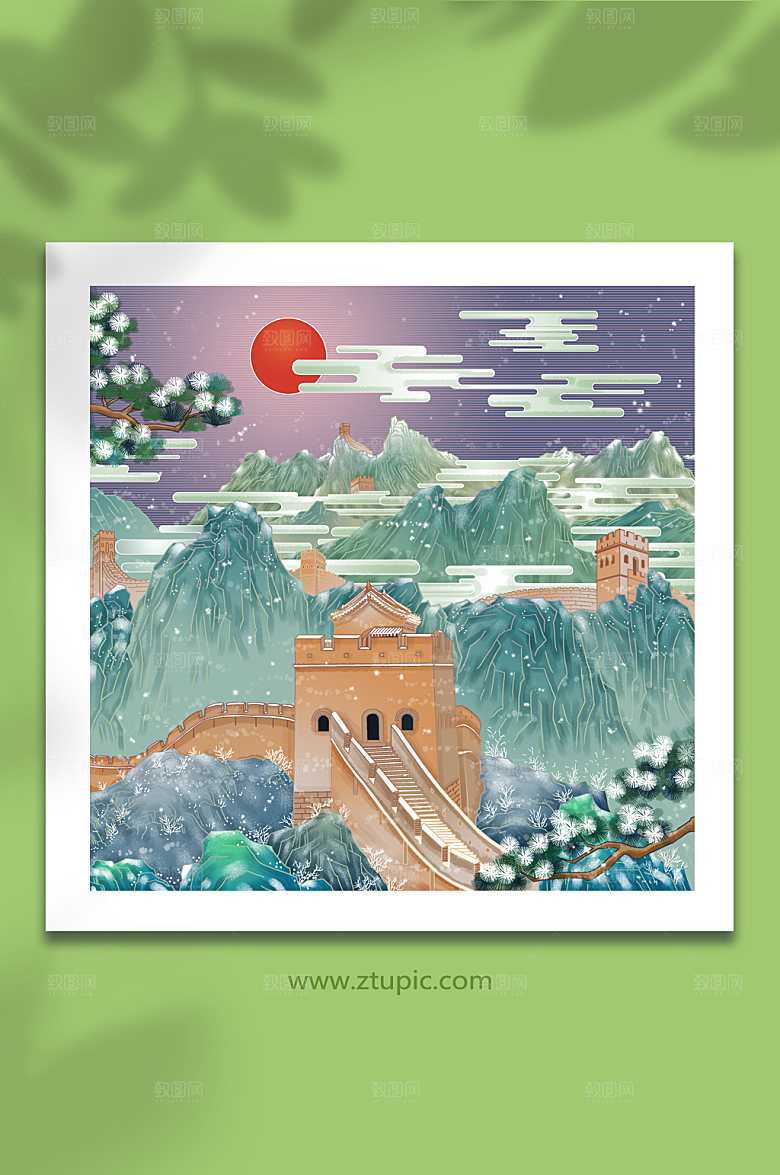 唯美长城冬季风景雪景精美插画