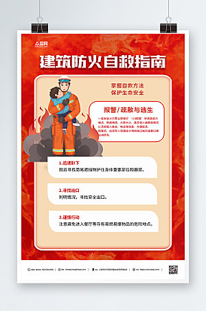 红色高层消防防火逃生宣传海报设计