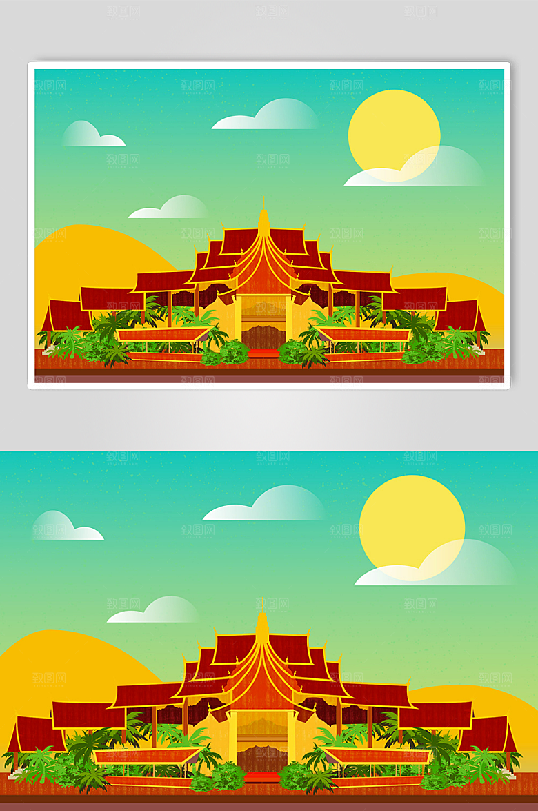 绿色公园西双版纳地标建筑宣传插画