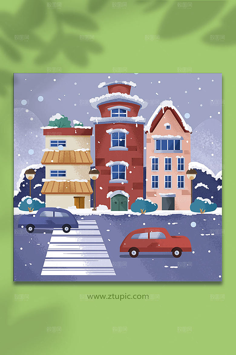 白雪冬天城市街道建筑城市精美插画