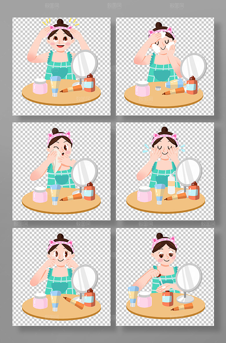 时尚女性面部清洁组合元素插画