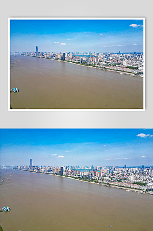 蓝天长江沿岸高楼建筑航拍摄影图照片